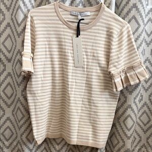English Factory Beige and Cream Striped Ruffle Sleeve Top